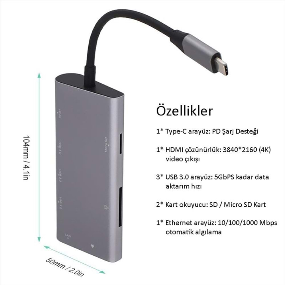 CODEGEN CDG-CNV40 USB 3.1 Type-C - USB 3.0 + RJ45 + SD/Micro Sd Kart