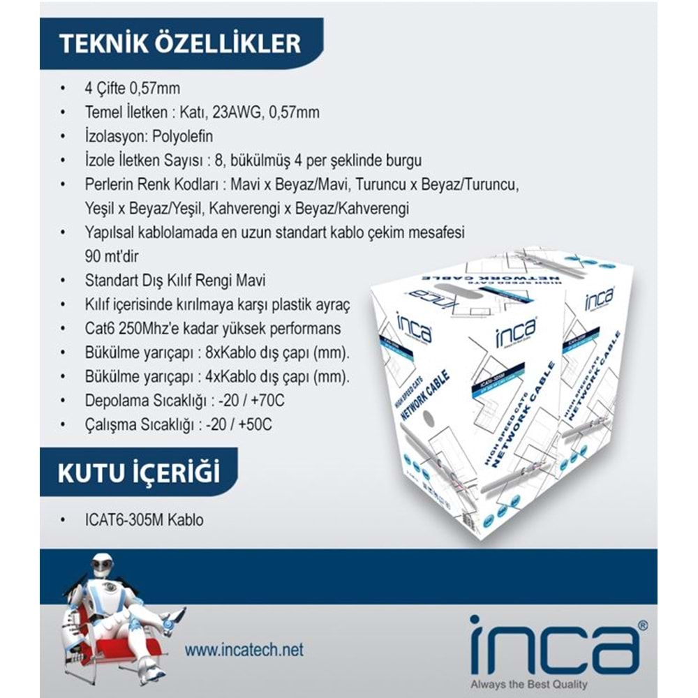 INCA ICAT6-305M CAT6 UTP 305 Metre 23 AWG 0.57MM Network Kablosu