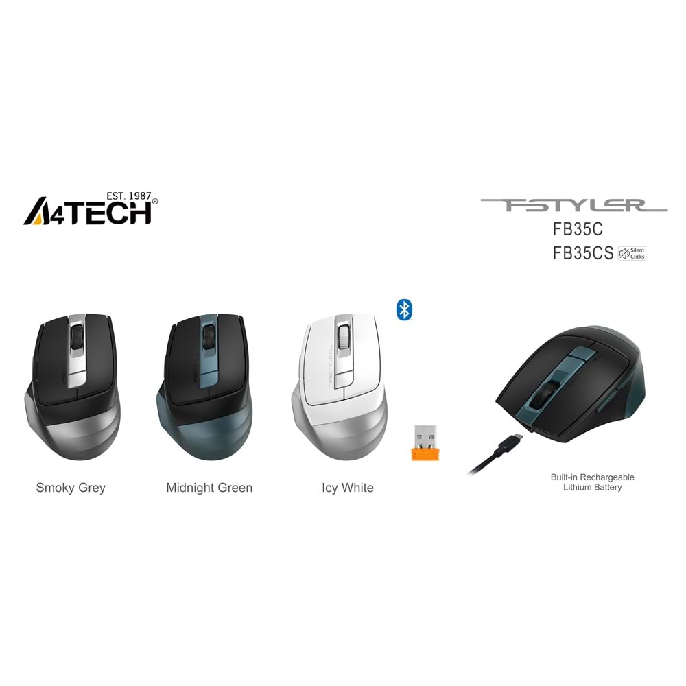 A4 TECH FB35C Bluetooth Kablosuz 2.4Ghz Gri Şarjlı Mouse