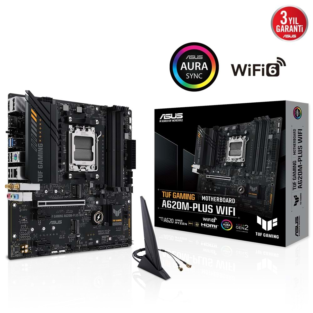 ASUS TUF GAMING A620M-PLUS WIFI A620 DDR5 (Vga Yok) GLan 2.5G mATX HDMI DP US3 WIFI BT M2 RGB AM5 AMD Anakart