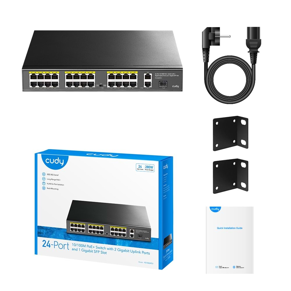 CUDY FS1026PS1 24 Port 10/100 Yönetilemez +2 Port Gb. 1 SFP (1GB) Rack mount (24 Port Poe+) 300W Switch