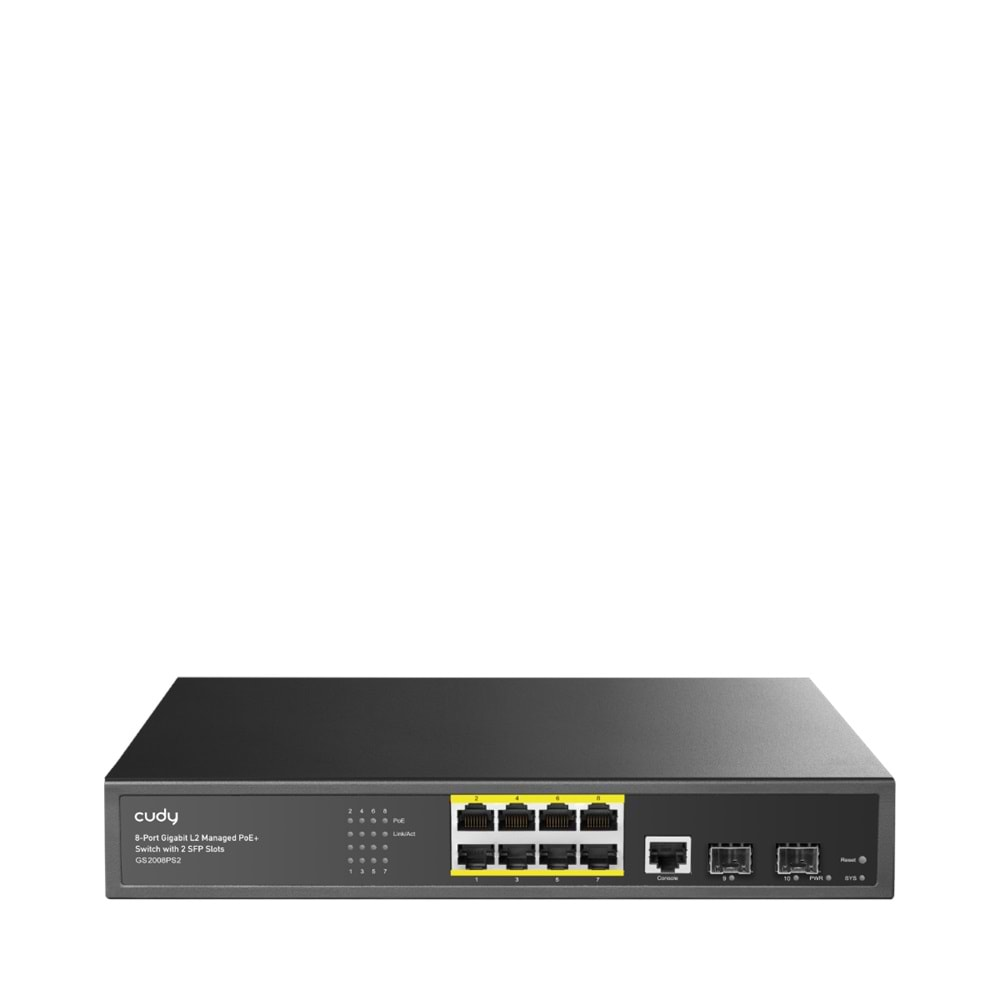 CUDY GS2008PS2 8 Port 10/100/1000 Yönetilebilir (L2) 2 SFP (1GB) Rack mount (8 Port Poe+) 130W Switch