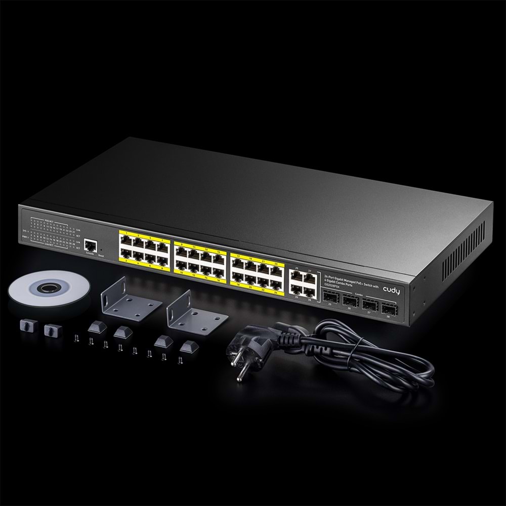 CUDY GS2028PS4-400W 24 Port 10/100/1000 Yönetilebilir (L2) +4 Port Gb. 4 SFP (1GB) Rack mount (24 Port Poe+) 400W Switch