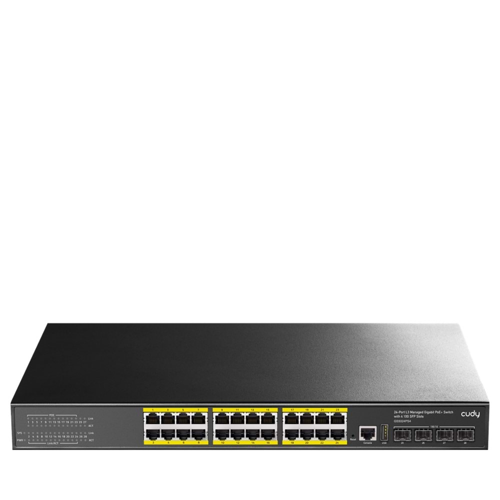 CUDY GS5024PS4-400W 24 Port 10/100/1000 Yönetilebilir (L3) 4 SFP (10GB) Rack mount (24 Port Poe+) 400W Switch