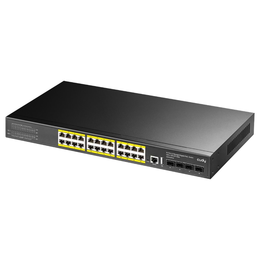 CUDY GS5024PS4-400W 24 Port 10/100/1000 Yönetilebilir (L3) 4 SFP (10GB) Rack mount (24 Port Poe+) 400W Switch