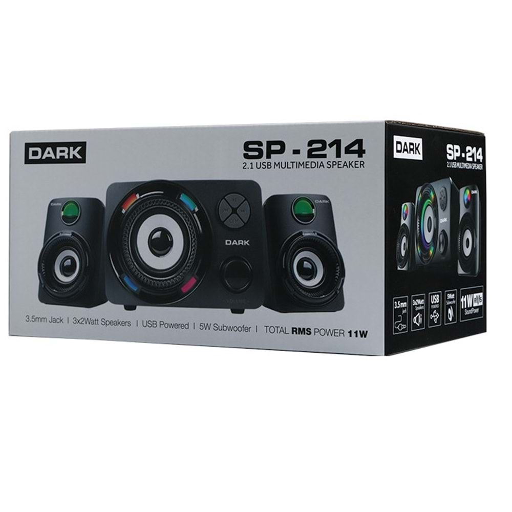 DARK DK-AC-SP214 2+1 11W Siyah 7 Farklı Renk Titreşimli LED Hoparlör