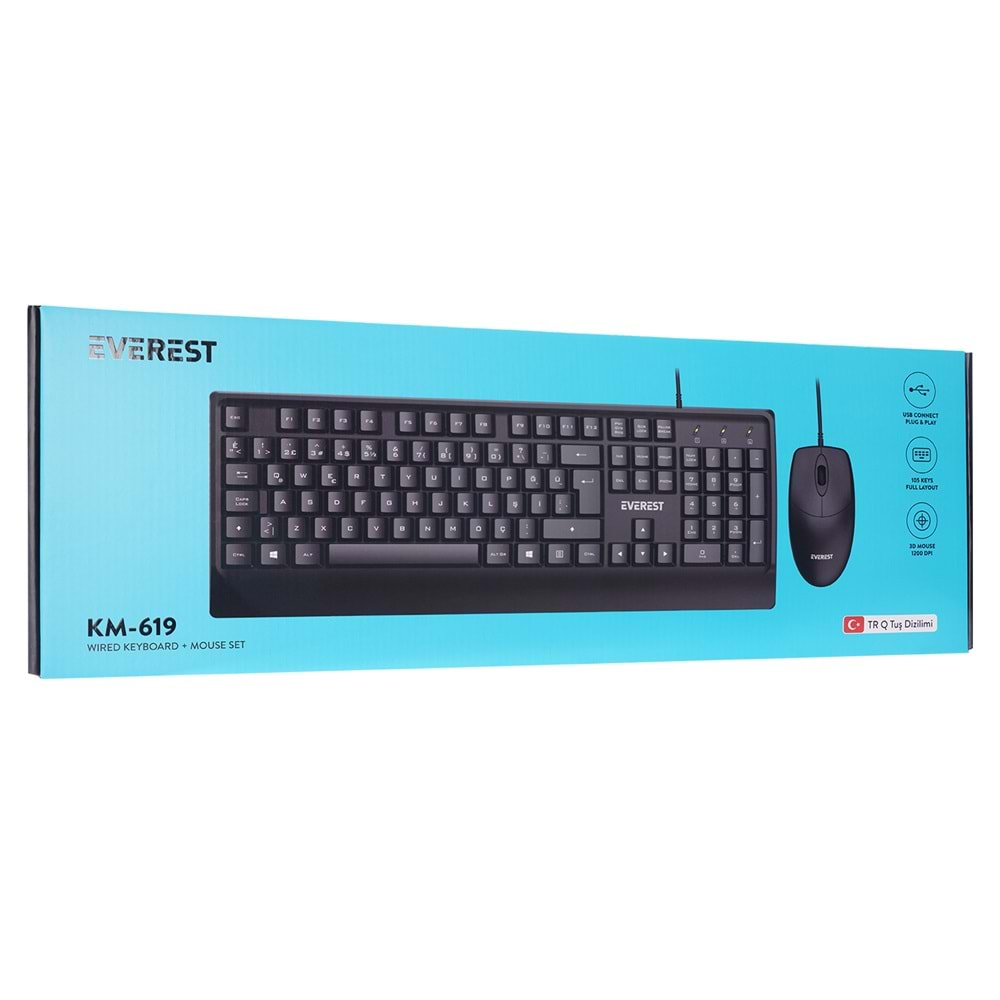 EVEREST KM-619 Q Türkçe USB Standart Siyah Klavye+ Mouse