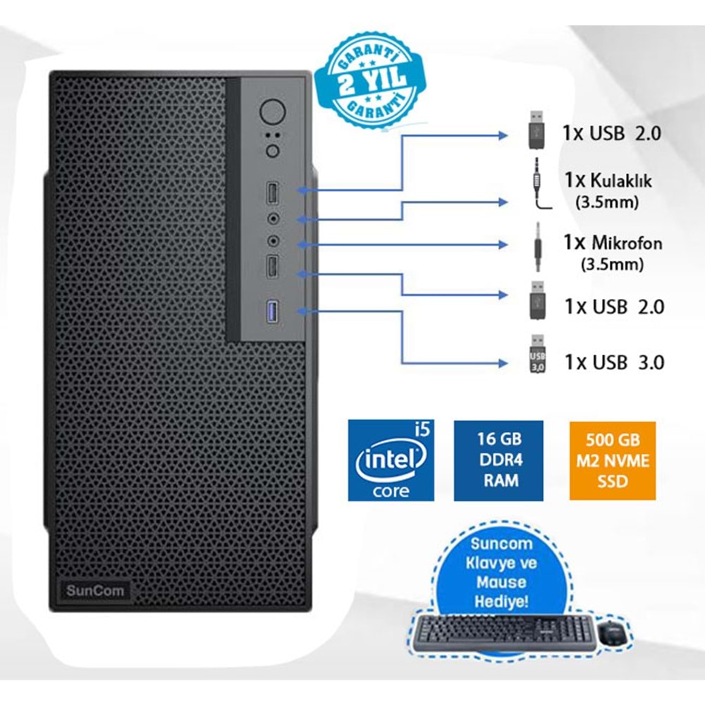 SUNCOM Force SC3-163 i5-14600 16GB 500GB SSD O/B DOS Masaüstü PC Wi-Fi