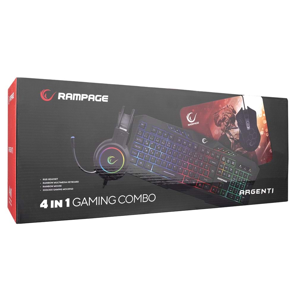 RAMPAGE KM-404 ARGENTI Q Türkçe Siyah Rainbow Aydınlatmalı Klavye+Mouse+Pad+Kulaklı