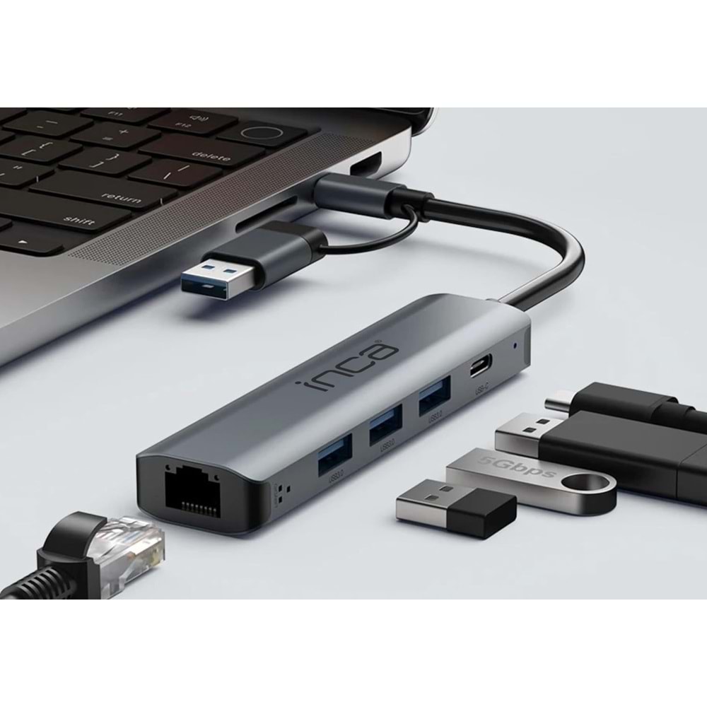 INCA IUTP-5T 3 Port USB/Type-C X3 USB 3.0 + Type-C Ethernet RJ45 Aluminyum Kasa