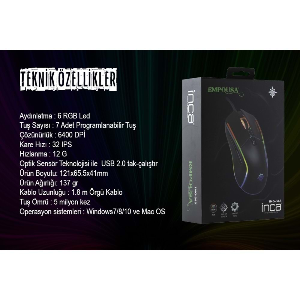 INCA IMG-343 USB 6400dpi siyah RGB Optik Oyuncu Mouse