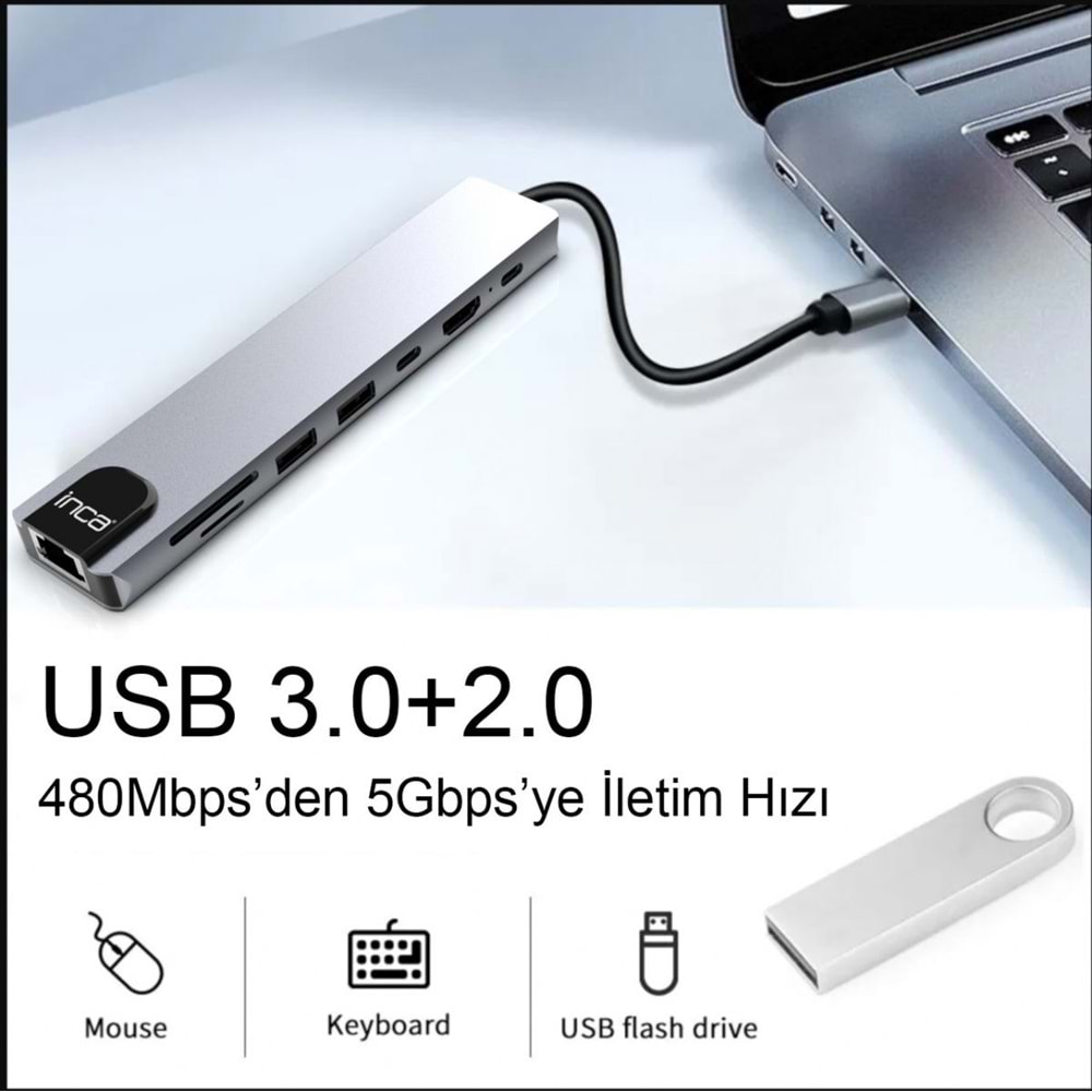INCA ITPC-7T 8 Port Type-C Hub+Çevirici Aluminyum Çoklayıcı