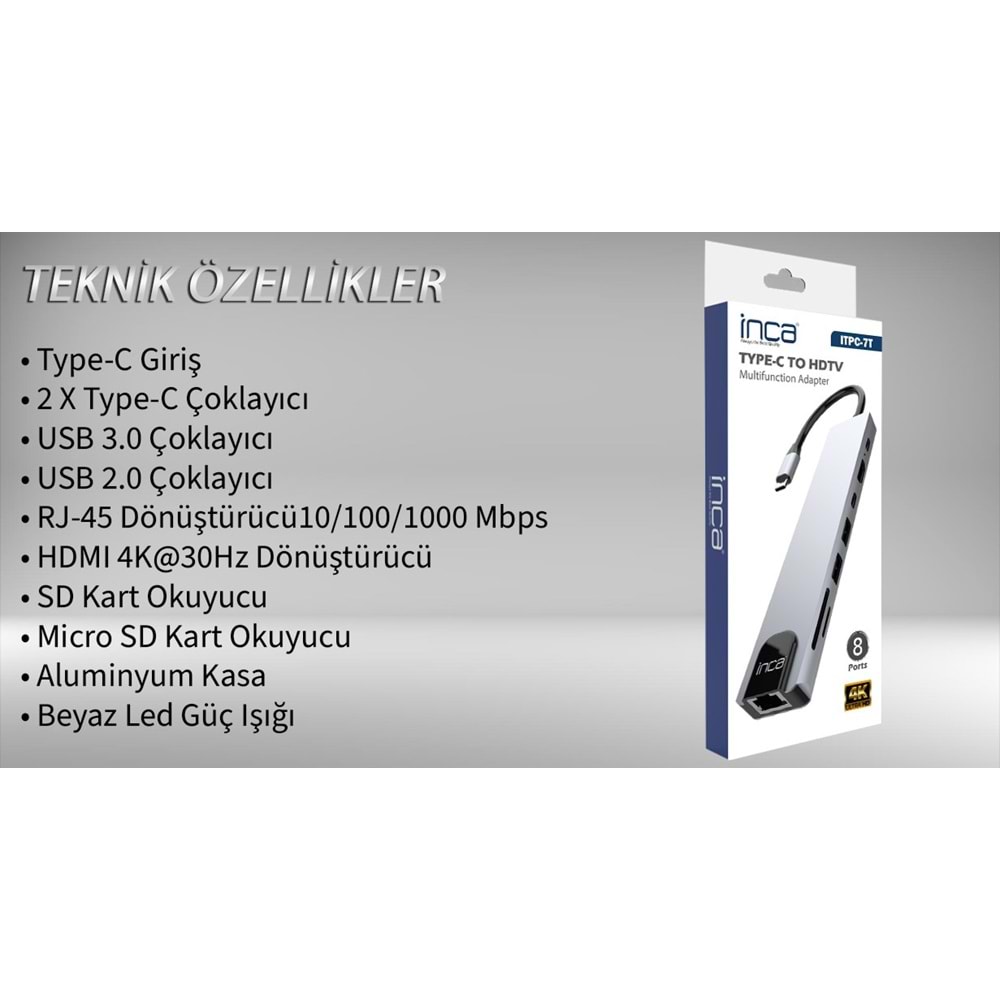 INCA ITPC-7T 8 Port Type-C Hub+Çevirici Aluminyum Çoklayıcı