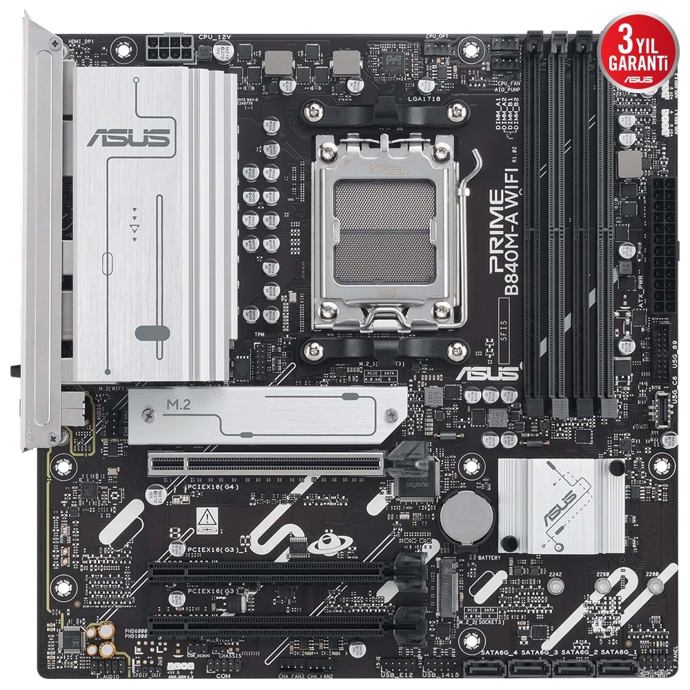 ASUS PRIME B840M-A WIFI B840 DDR5 (Vga Yok) GLan 2.5G mATX HD DP WİFİ6 BT M2 RGB AM5 AMD Anakart
