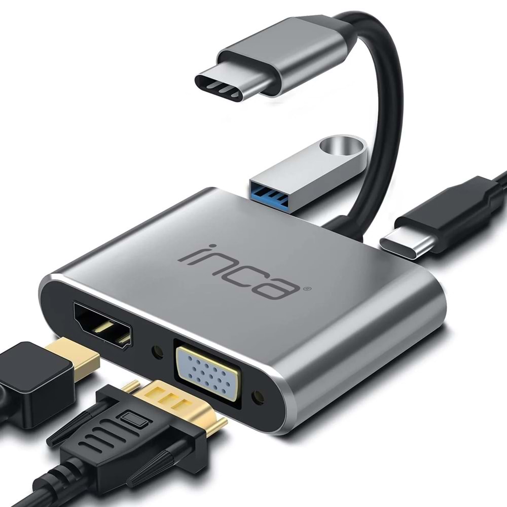 INCA ITPC-06T USB C 4'ü 1 Arada Adaptör USB C – HDMI+VGA+USB Güç Dağıtım Adaptörü