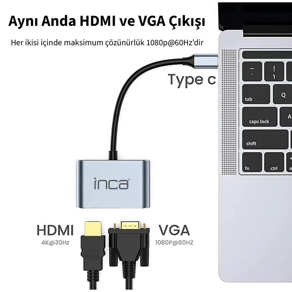 INCA ITPC-06T USB C 4'ü 1 Arada Adaptör USB C – HDMI+VGA+USB Güç Dağıtım Adaptörü