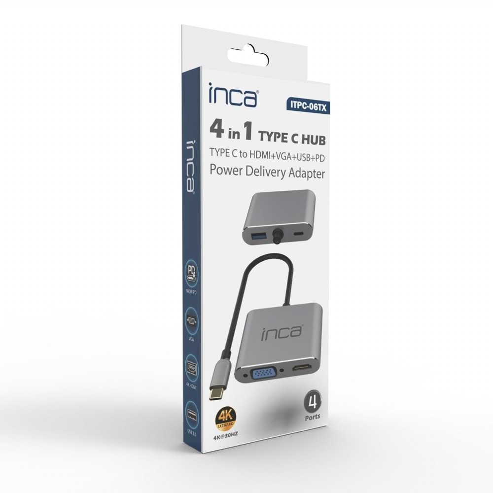 INCA ITPC-06T USB C 4'ü 1 Arada Adaptör USB C – HDMI+VGA+USB Güç Dağıtım Adaptörü