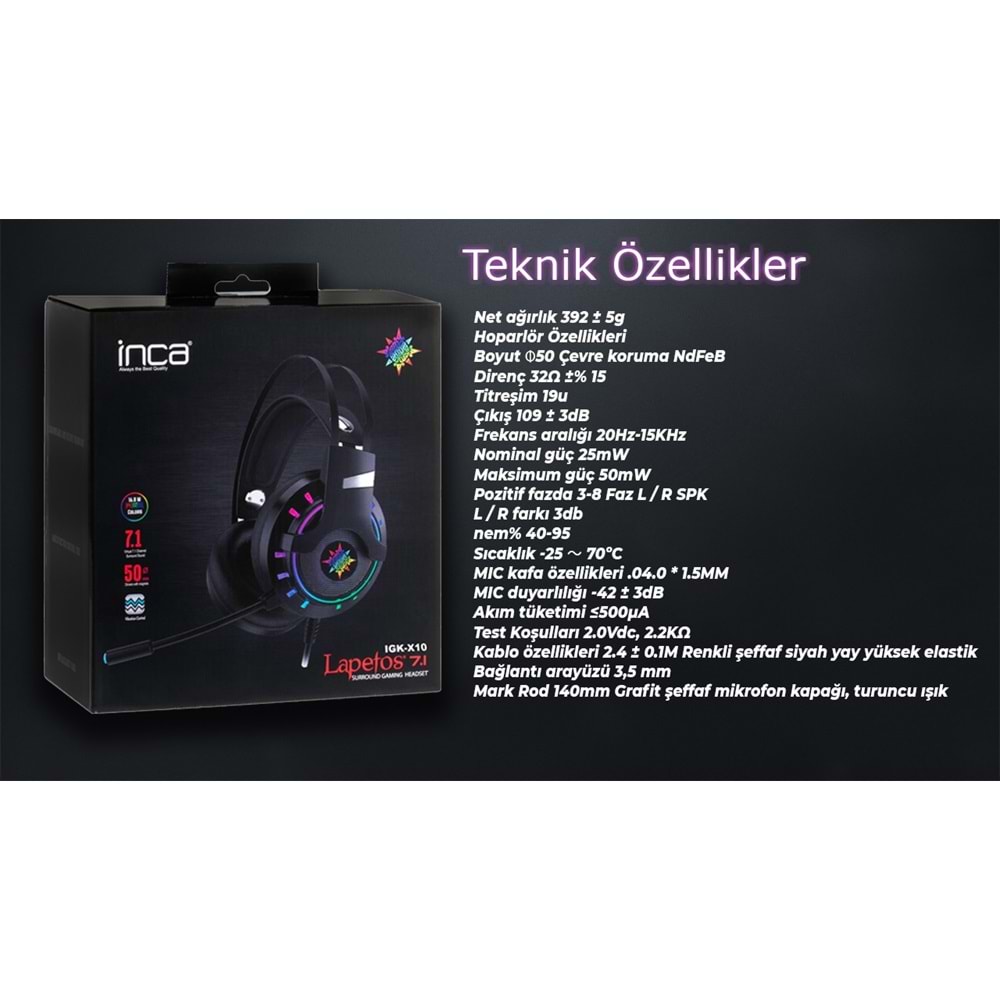 INCA IGK-X10 7.1 Surround RGB Siyah Kulaküstü Mikrofonlu Kulaklık