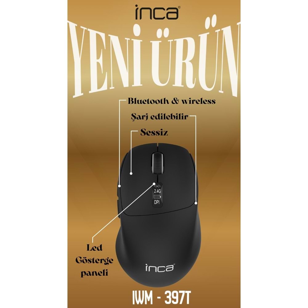 INCA IWM-397T Bluetooth & 2.4G Kablosuz siyah LED Gösterge Ekranı Şarjlı Mouse