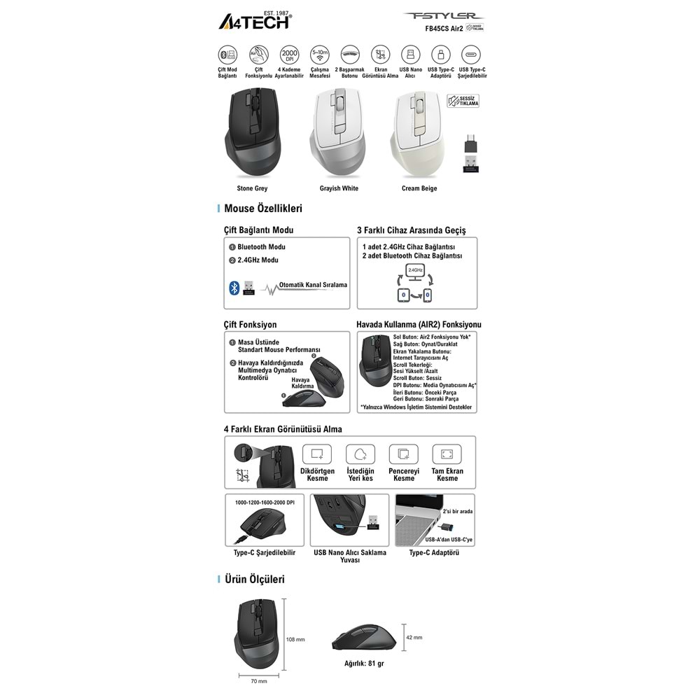 A4 TECH FB45CS AIR2 Bluetooth & 2.4G Kablosuz 2000dpi Gri Sessiz Şarjlı Mouse
