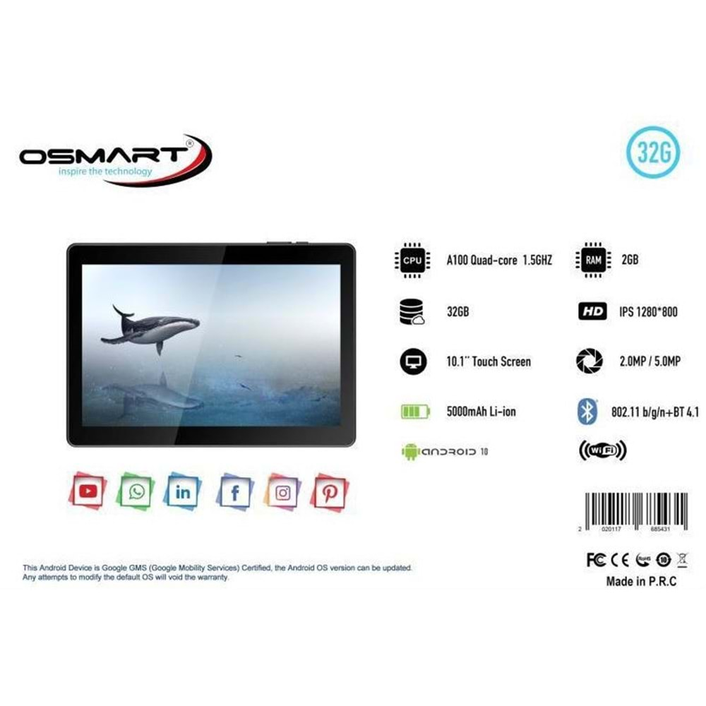 TABLET-OSMART INSPIRE TAB X10 10,1/ISP1280X800 2GB 32GB ADROİD10 BT+WİFİ