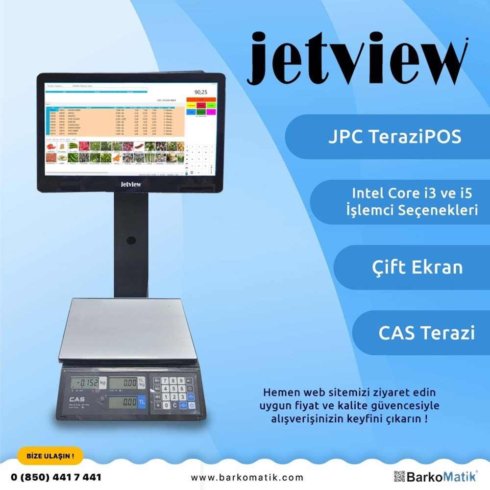 JETVIEW TPC 1004 TERAZİPOS PC 15.6 İ3 - CAS TERAZİ (ÇİFT EKRANLI)