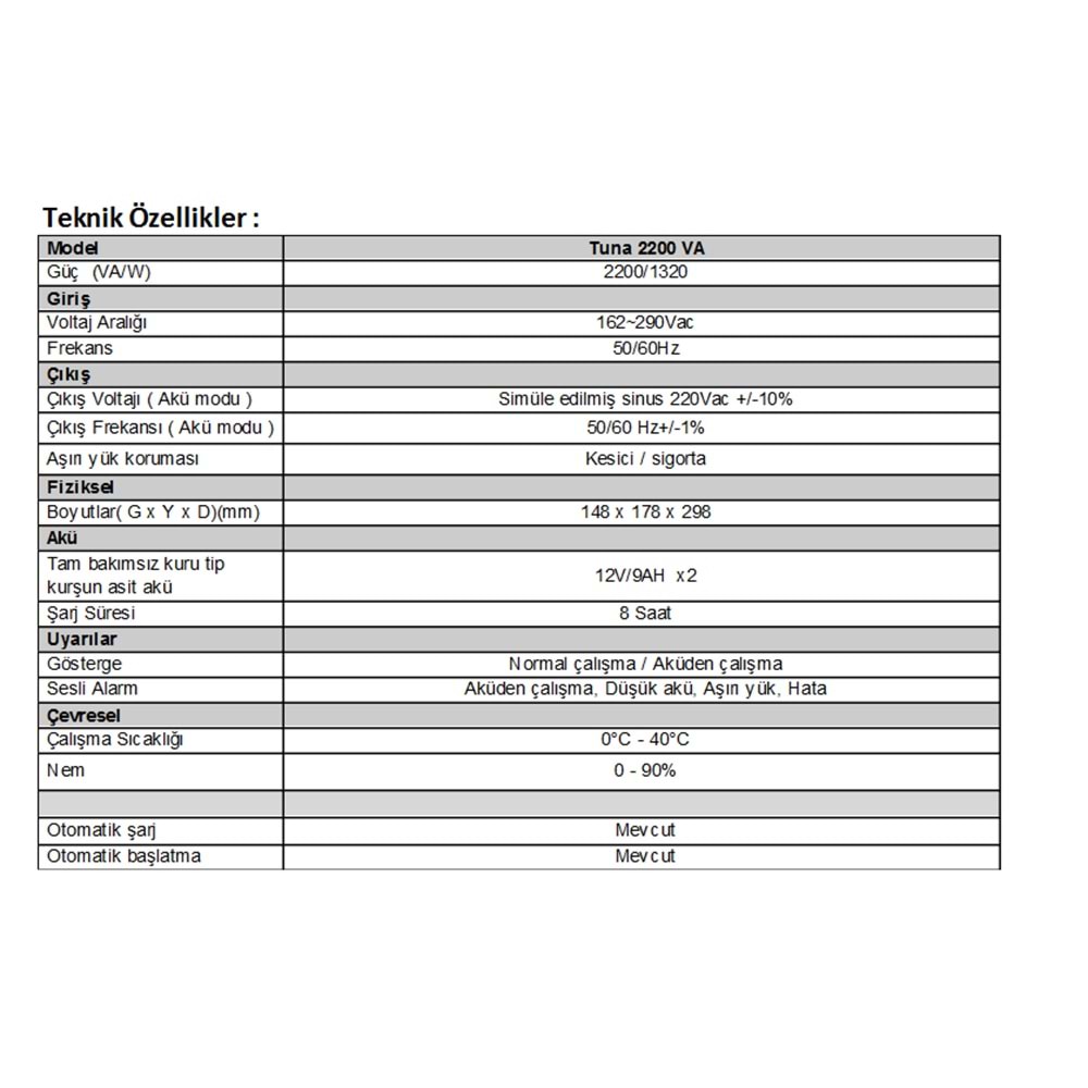 UPS-UYGAR ENERJİ-TUNA2200 VA KESİNTİSİZ GÜÇ KAYNAĞI