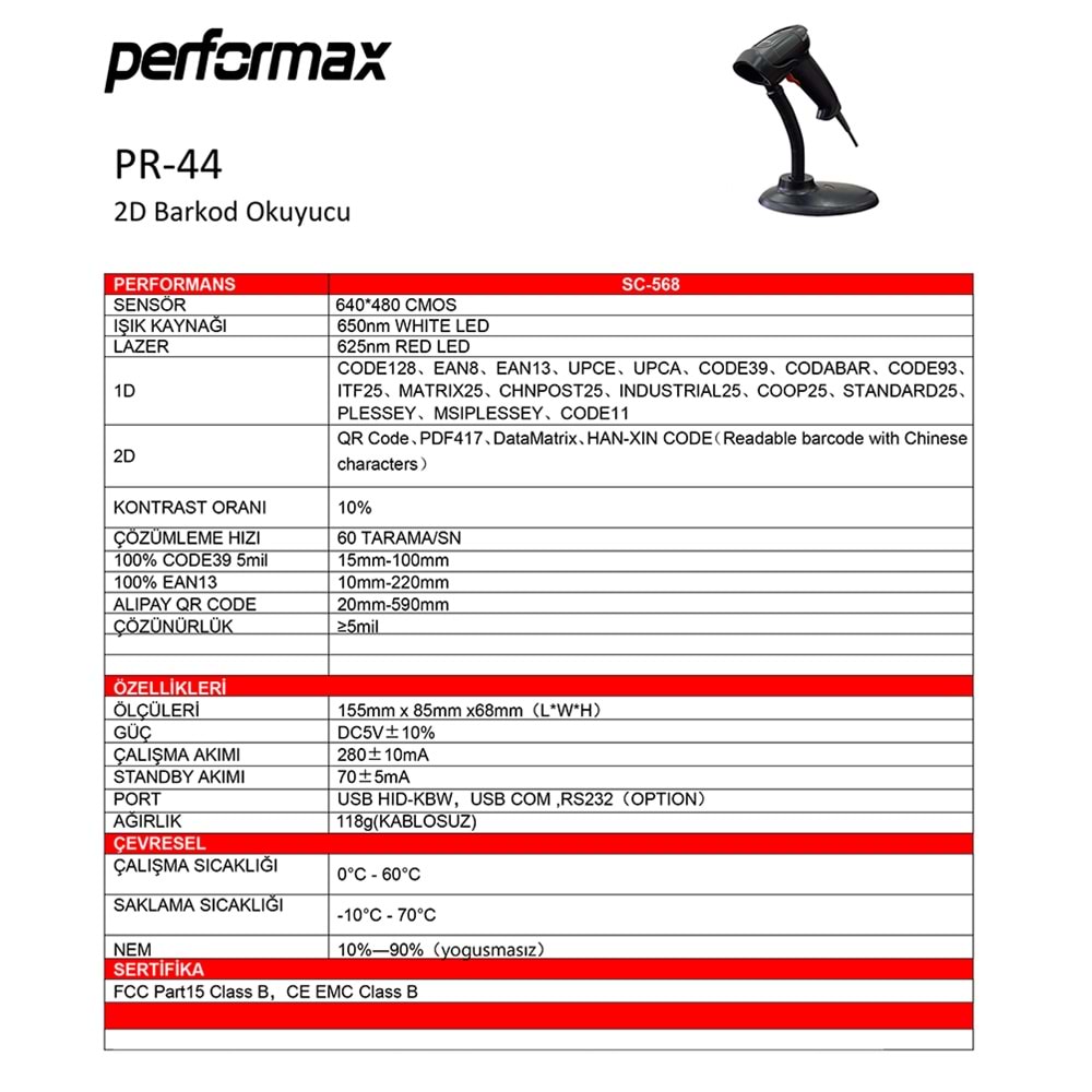 PERFORMAX PR-44 2D STANDLI BARKOD OKUYUCU