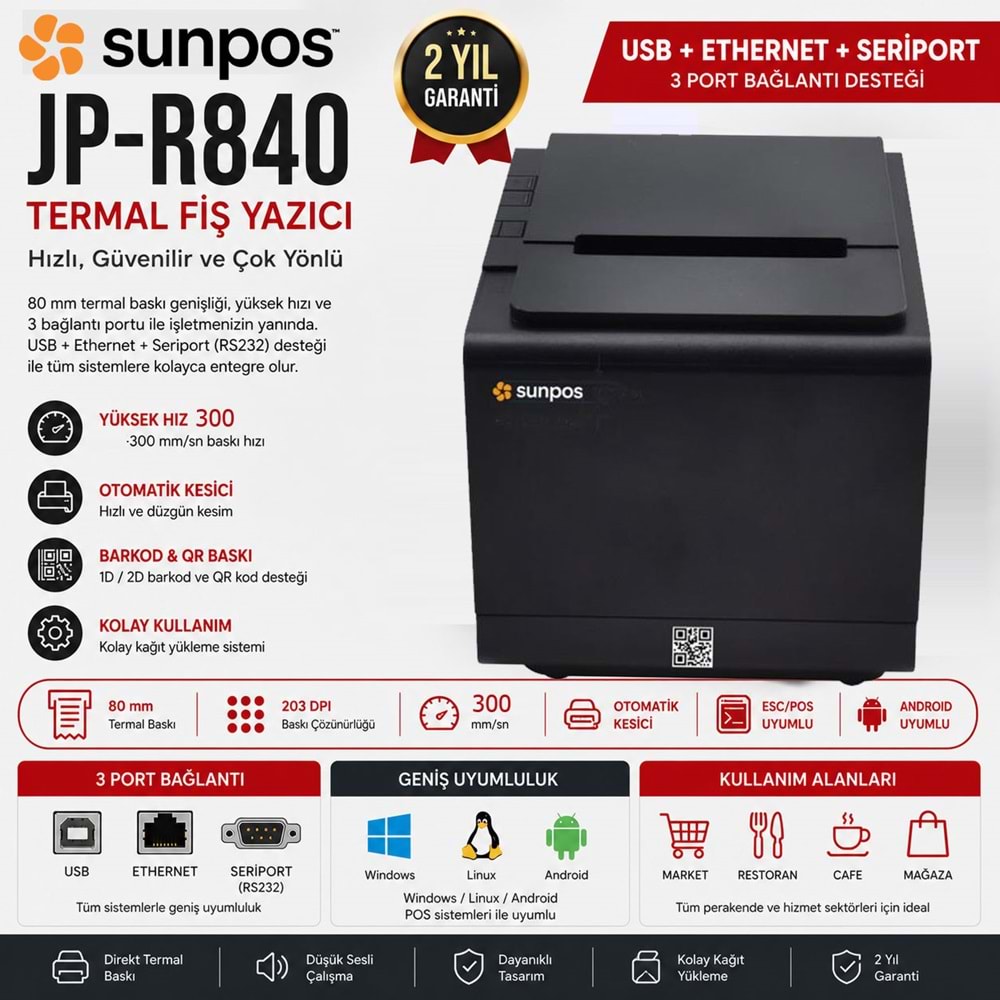 SUNPOS JP-R840 TERMAL FİŞ YAZICI USB / ETHERNET / SERI 80MM 58MM