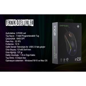 INCA IMG-343 USB 6400dpi siyah RGB Optik Oyuncu Mouse
