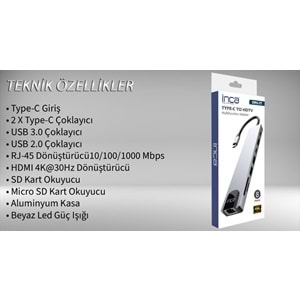 INCA ITPC-7T 8 Port Type-C Hub+Çevirici Aluminyum Çoklayıcı