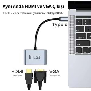 INCA ITPC-06T USB C 4'ü 1 Arada Adaptör USB C – HDMI+VGA+USB Güç Dağıtım Adaptörü