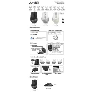 A4 TECH FB45CS AIR2 Bluetooth & 2.4G Kablosuz 2000dpi Gri Sessiz Şarjlı Mouse