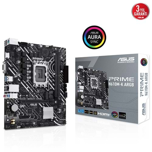 ASUS PRIME H610M-K ARGB H610 DDR5 Vga GLan mATX HD US32 M2 1700p Anakart