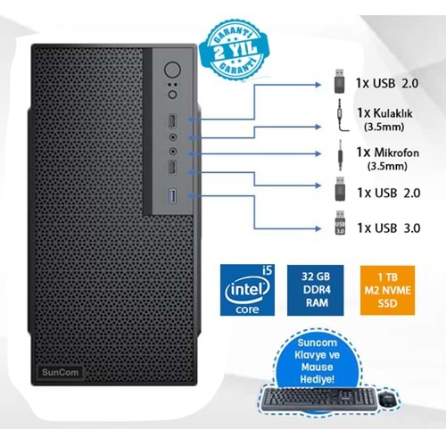 SUNCOM Force SC3-149 i5-12400 32GB 1TB SSD O/B DOS Masaüstü PC Wi-Fi