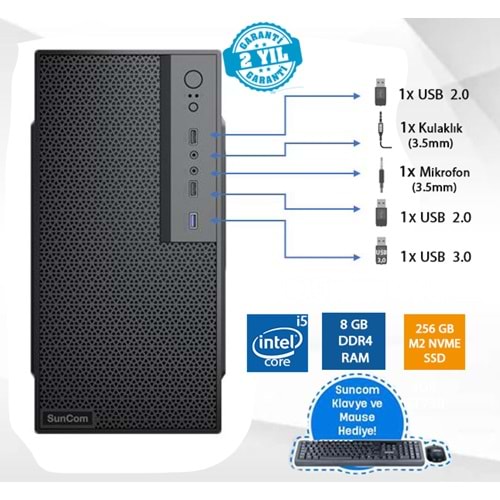 SUNCOM Force SC3-168 i5-12400 8GB 256GB SSD O/B DOS Masaüstü PC Wi-Fi