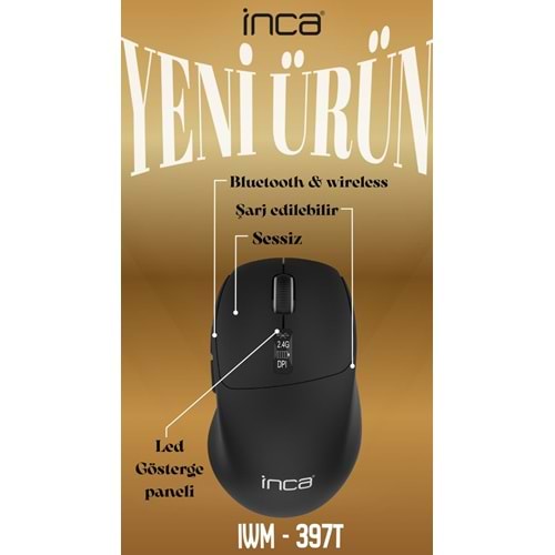 INCA IWM-397T Bluetooth & 2.4G Kablosuz siyah LED Gösterge Ekranı Şarjlı Mouse