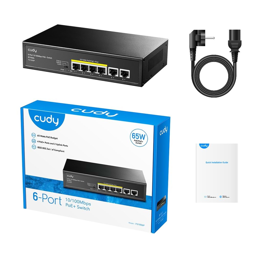 CUDY FS1006P 6 Port 10/100 Yönetilemez Desktop (4 Port Poe+) 60W (Tek portta 30W desteği) Switch