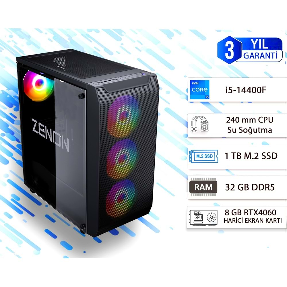 ZENON GAMING PRO ZG-122-2 i5-14400F 32GB 1TB SSD 8gb RTX4060 DOS Masaüstü PC (3 Yıl Garanti) Wifi + BT