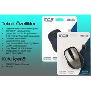 INCA IWM-201RG Nano Alıcılı Kablosuz 2.4Ghz Gri Mouse