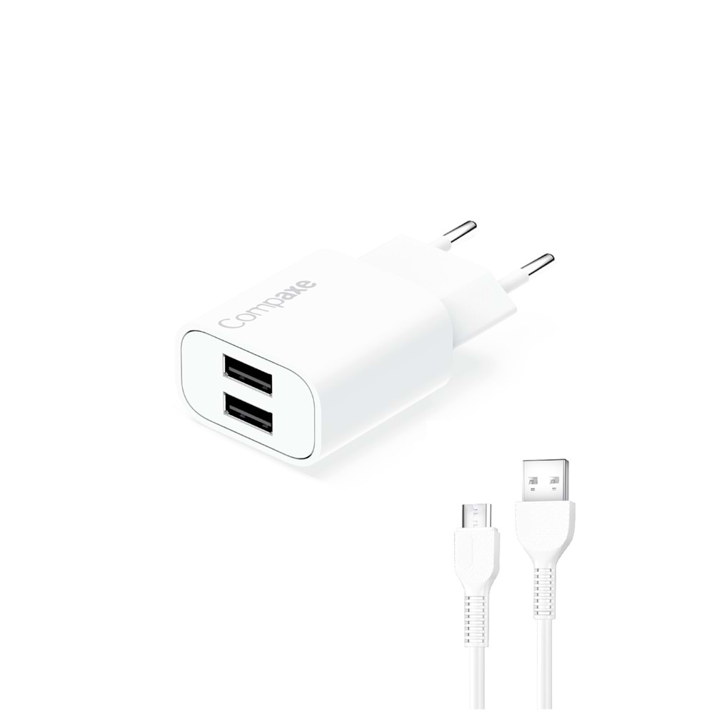 COMPAXE CTA-521DUMB24 10W 5V 2.1A ÇİFT USB ADAPTÖR Beyaz KABLOLU SET