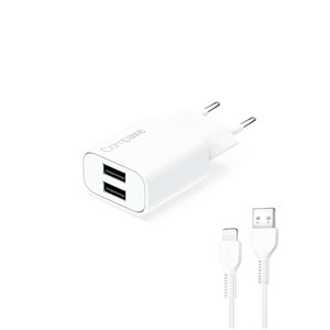 COMPAXE CTA-521D IU 10W 5V 2.1A ÇİFT USB ADAPTÖR Beyaz KABLOLU SET