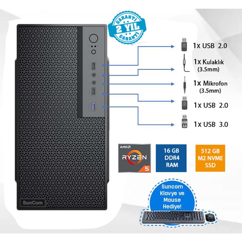 SUNCOM Force SC3-167 Ryzen 5 5500GT 16GB 512GB SSD O/B DOS Masaüstü PC Wi-Fi