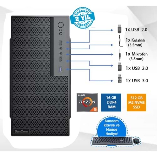 SUNCOM Force SC3-167 Ryzen 5 5500GT 16GB 512GB SSD O/B DOS Masaüstü PC Wi-Fi